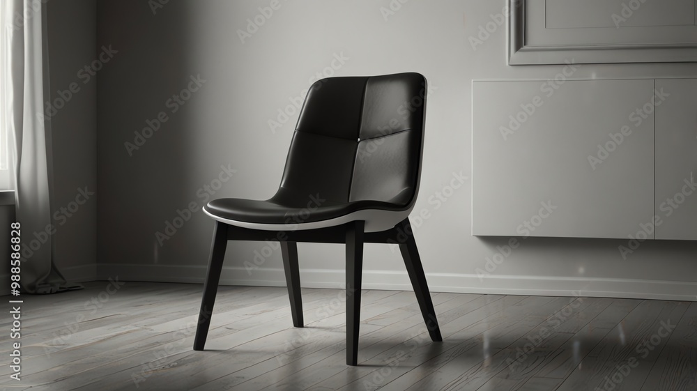 a black leather chair with a black seat and a white box on the back. a black leather chair with a black seat and a white box on the back.