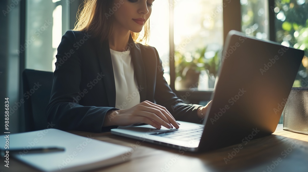 Professional woman working on a laptop at a wooden desk near large windows with sunlight and plants during the morning hours Professional woman working on a laptop at a wooden desk near large windows with sunlight and plants during the morning hours