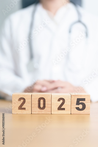 2025 block. Happy New Year for Medical, Health care, Insurance and Wellness concepts
