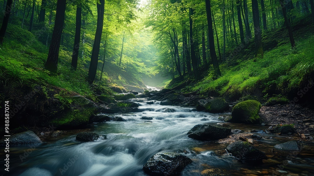 A secluded mountain stream flowing through a dense, green forest, with the sound of the water echoing in the peaceful surroundings. A secluded mountain stream flowing through a dense, green forest, with the sound of the water echoing in the peaceful surroundings.