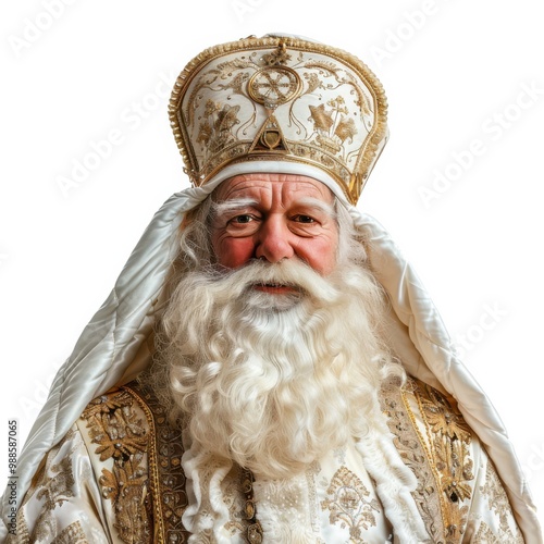 Saint Nicholas in a traditional fur coat and head wear on white background.