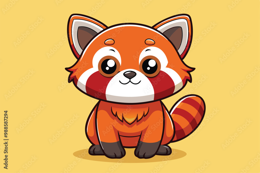 A cheerful baby red panda sits with a playful expression on a sunny yellow background, a cartoon character of a Cute baby red panda A cheerful baby red panda sits with a playful expression on a sunny yellow background, a cartoon character of a Cute baby red panda