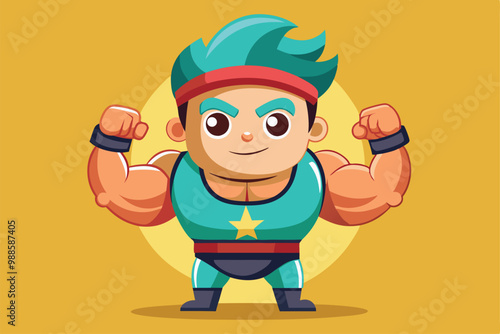 A cheerful cartoon bodybuilder proudly flexes his well-defined muscles in a bright, lively environment, a cartoon character of a cute bodybuilder.
