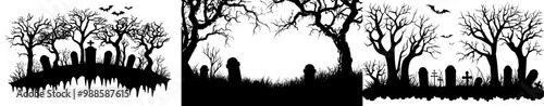 Scary historic cemetery with gravestones, gravestones and tombstones, with bats on trees and fog mist sky. Old cemetery silhouette, abandoned graveyard in Halloween night, modern background.