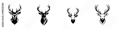 A deer with antlers front view. Elk horned animal, stag or buck with antlers.