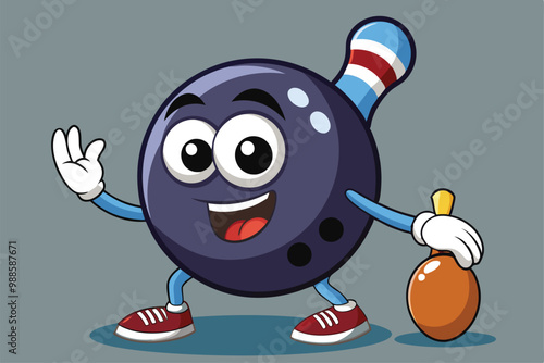 A cute bowling ball character waves happily while holding a bowling pin in its other hand, a cartoon character of a Cute bowling ball photo