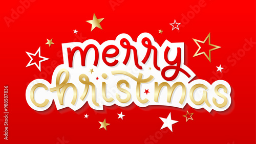 MERRY CHRISTMAS red and gold vector typography banner on red background with stars