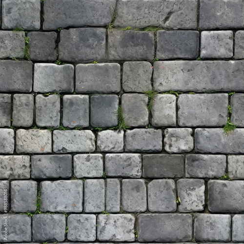 Grey Old Stone Pavement Top View, Granite Cobblestone Road, Green Moss, Wet Surface