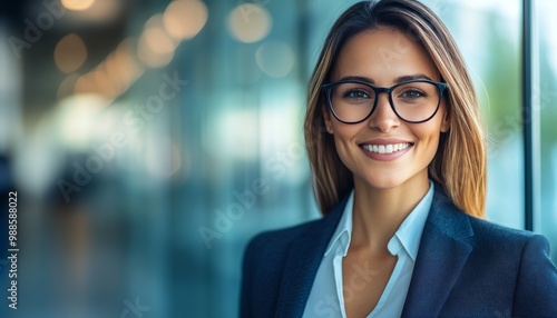 Portrait of a young and confident businesswoman, smiling at camera in a modern office setting