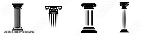 The ancient Greek temple column and pillar symbol. A legal, attorney, law office modern icon with a roman architecture element. A court/university/bank/museum sign with the silhouette of an Ancient