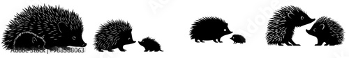 A modern silhouette of a hedgehog family on a white background.