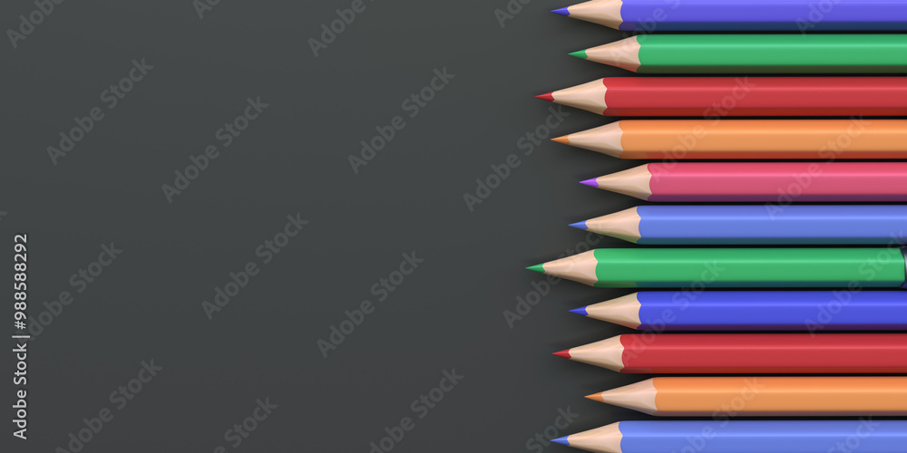 Fototapeta premium Colorful colored pencils on a black background, 3D render. Education, learning or art concept