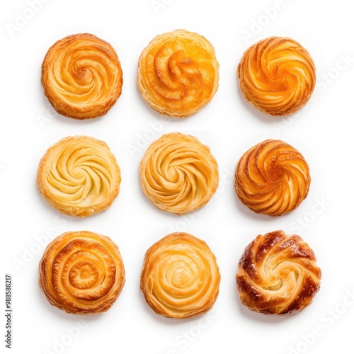 Puff Pastry, Set of Pate Feuilletee Isolated, Sweet Braided Pastries on White Background Top View photo