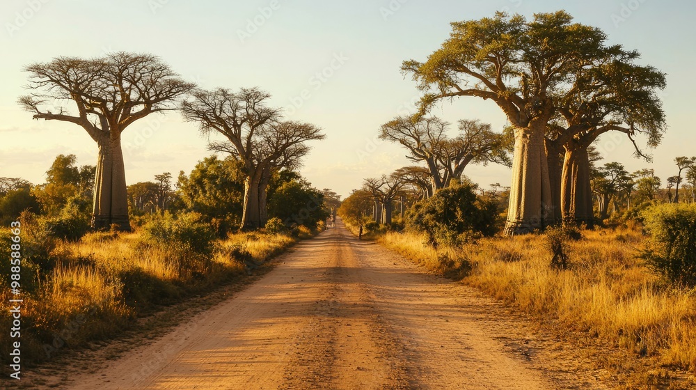 The Avenue of the Baobabs in the evening, with golden light illuminating the massive trunks and sparse foliage of the trees. The Avenue of the Baobabs in the evening, with golden light illuminating the massive trunks and sparse foliage of the trees.