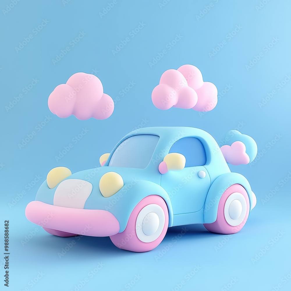 Colorful toy car with clouds, playful design on a blue background. Colorful toy car with clouds, playful design on a blue background.