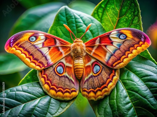 A breathtaking silkmoth rests on a leaf, displaying its intricate patterns and vibrant colors, harmonizing beautifully photo