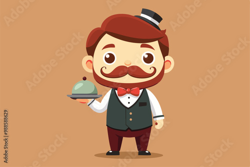 A friendly cartoon waiter holds a plate with a covered dish, ready to serve guests, a cartoon character of a Cute lion character