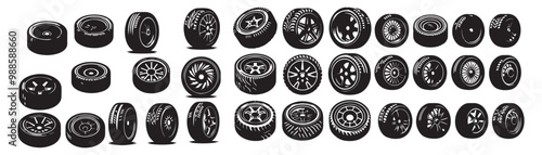 set of numbers rubber wheel tire icon. Black wheel tires silhouette collection