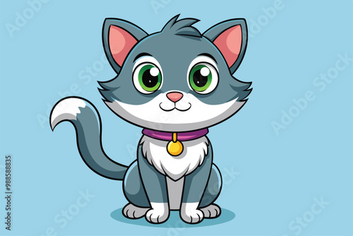 A cute cartoon cat sits contently with bright green eyes and a joyful expression on a light blue background, a cartoon character of a cute cat