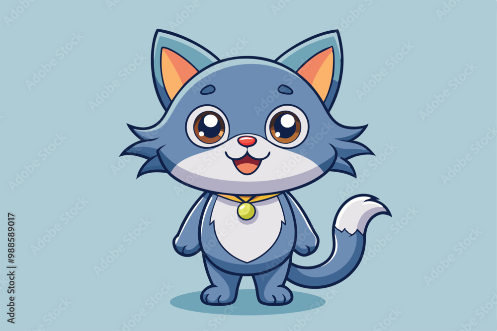Obraz premium A cute cartoon cat with big eyes and a necklace stands joyfully on a soft blue backdrop, a cartoon character of a cute cats