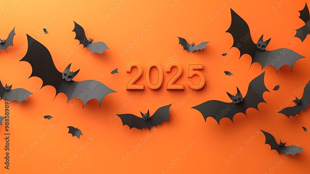 Orange minimalistic background the word 2025 displayed in hanging letters surrounded by playful bats creating a dynamic and festive Halloween decoration