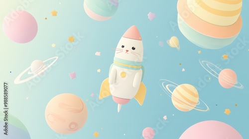 Cute rocket in space with colorful planets on a pastel background. photo