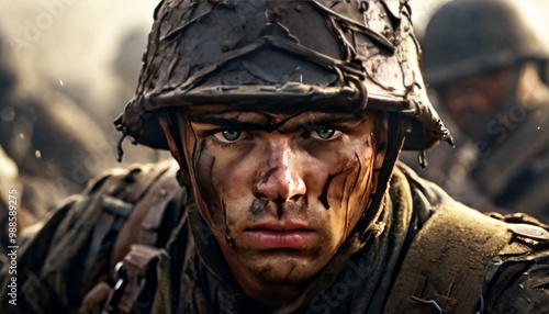 A close-up of a soldier with war paint on his face, looking intensely ahead during a battlefield scene. His eyes convey focus and determination, with mud and grime adding to the raw, gritty depiction