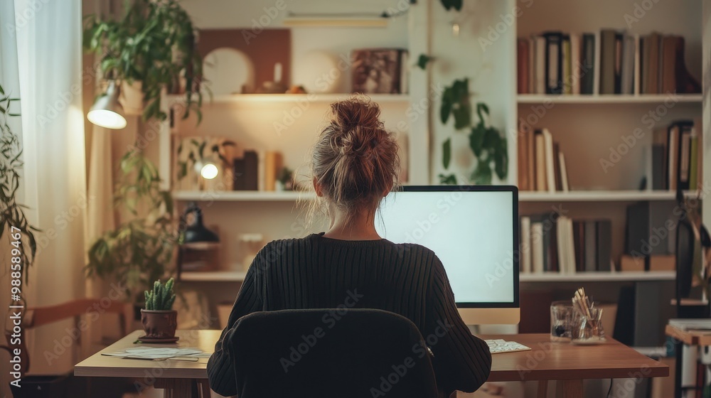 Young Woman Working at Home Office with Digital Monitor Young Woman Working at Home Office with Digital Monitor