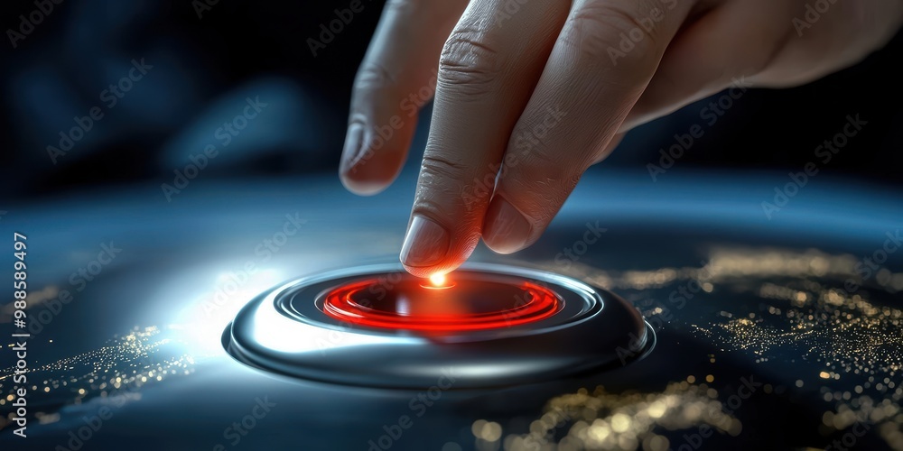 Finger hovering over a glowing button on a technological interface. Finger hovering over a glowing button on a technological interface.