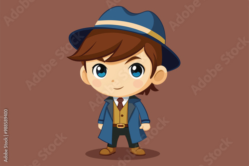 A charming detective boy poses confidently, ready to solve mysteries with his keen eyes and stylish outfit, a cartoon character of a Cute detective boy