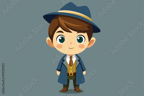 A cute detective boy stands confidently, ready to solve mysteries with his detective gear, a cartoon character of a Cute detective boy