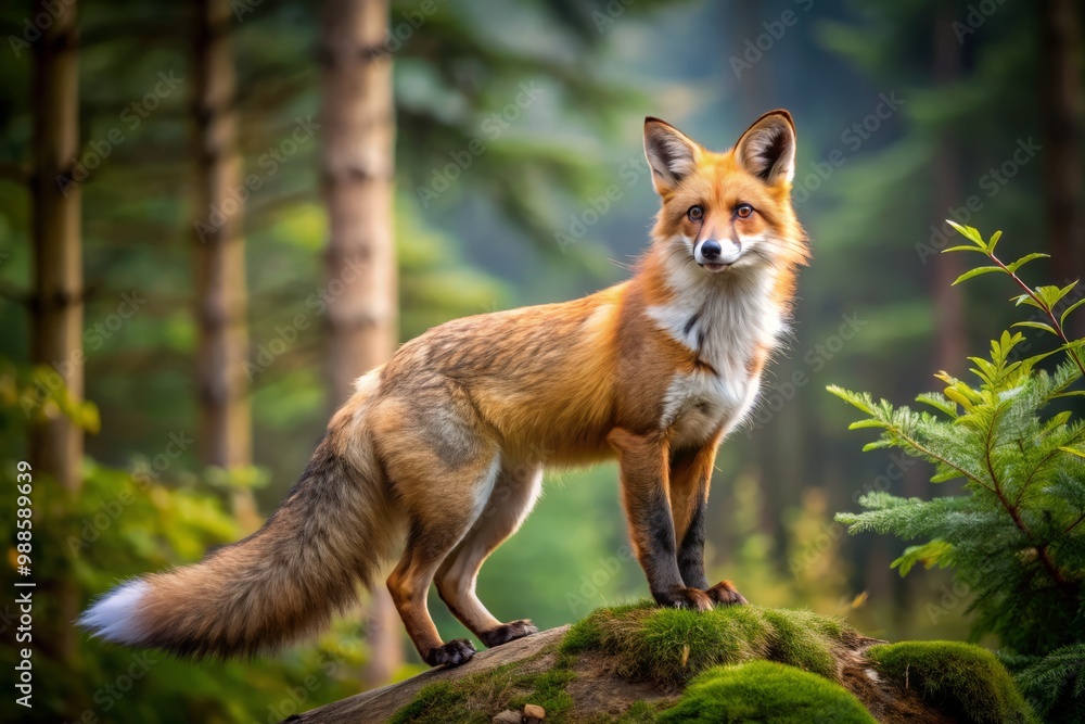 A bushy-tailed fox, its warm reddish fur glistening in the sunlight, stands proud in a serene woodland glade, A bushy-tailed fox, its warm reddish fur glistening in the sunlight, stands proud in a serene woodland glade,