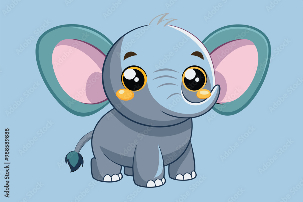 Obraz premium A cheerful cartoon elephant with big ears and bright eyes enjoys a playful moment in a vibrant setting, a cartoon character of a cute Elephant