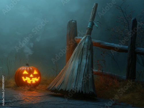 A weathered wooden witcha??s broom leaning against a crooked fence with a glowing jack-o'-lantern placed beside it on a foggy night photo