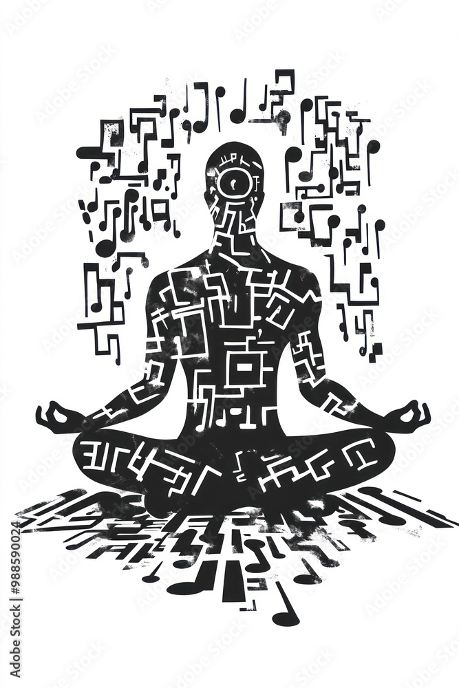 A black and white illustration of a person meditating with musical notes surrounding them. A black and white illustration of a person meditating with musical notes surrounding them.