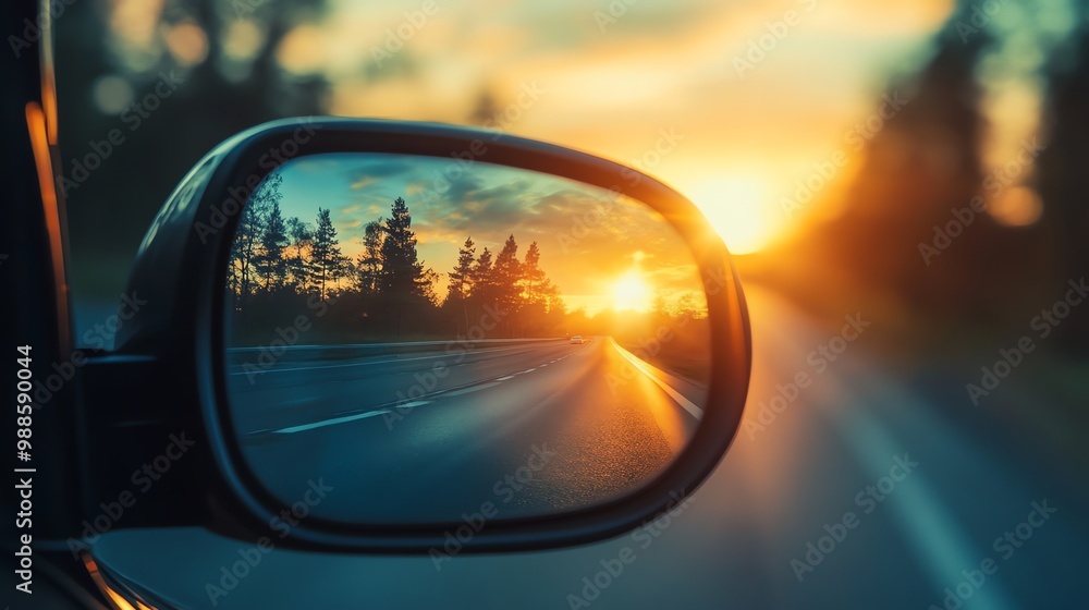 A car's side mirror reflecting a road through the forest at sunset. A car's side mirror reflecting a road through the forest at sunset.