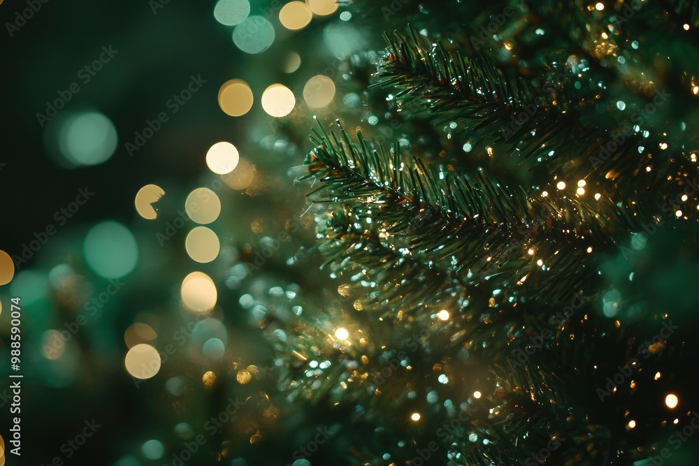Close-up view of a Christmas tree background, copy-space , blur bokeh with generative ai