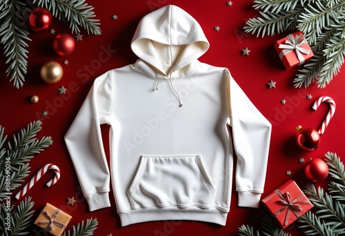 christmas tree and white hoodie mockup on red background