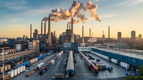 A panoramic view of an industrial complex with smokestacks billowing into the sky, surrounded by sprawling warehouses and loading docks photo