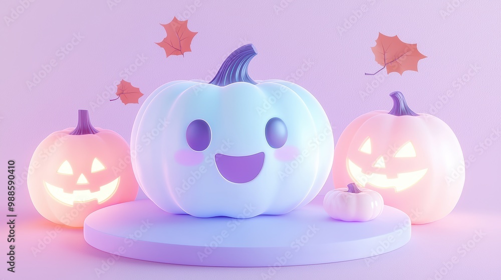 Playful pumpkins with smiling faces and autumn leaves on a pastel background. Playful pumpkins with smiling faces and autumn leaves on a pastel background.