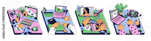 Workplaces in neo brutalism style set. Workspaces with computer, laptop, tablet. Desks for creative works. Tables for artists, creators, illustrators. Flat isolated vector illustrations on white