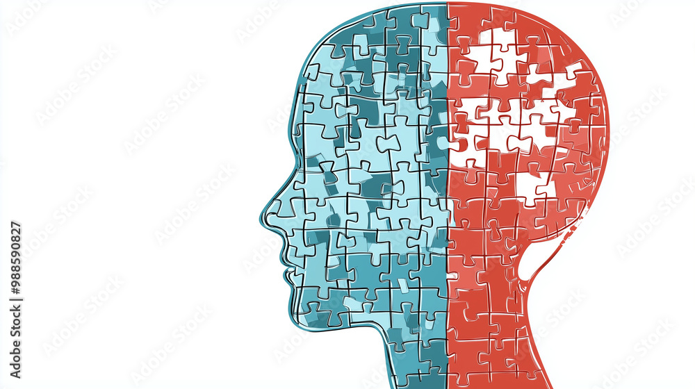 Projekt przedstawiający profil głowy z puzzlami, ukazujący różne aspekty zdrowia psychicznego i zaburzeń osobowości. Projekt przedstawiający profil głowy z puzzlami, ukazujący różne aspekty zdrowia psychicznego i zaburzeń osobowości.