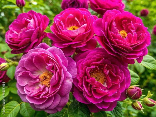 A cluster of radiant magenta roses bursts forth with bright yellow stamens, nestled among delicate light green leaves.