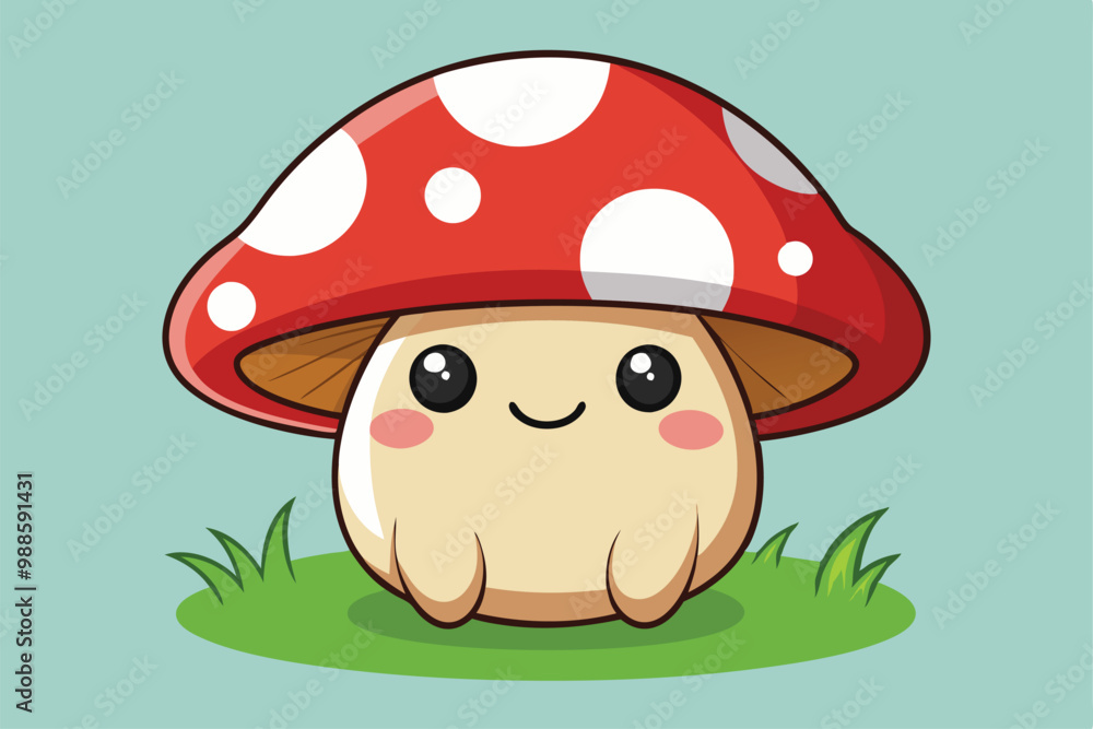 A cheerful mushroom character with a red cap sits happily on a patch of grass in a sunny setting, a cartoon character of a cute mushroom A cheerful mushroom character with a red cap sits happily on a patch of grass in a sunny setting, a cartoon character of a cute mushroom