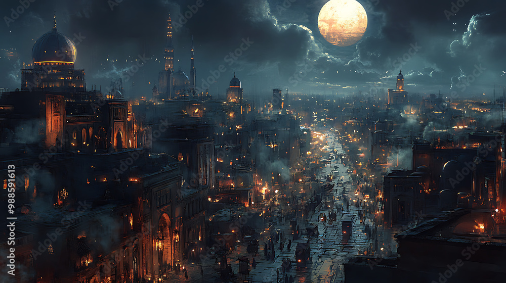 Obraz premium A cityscape with a large moon in the sky
