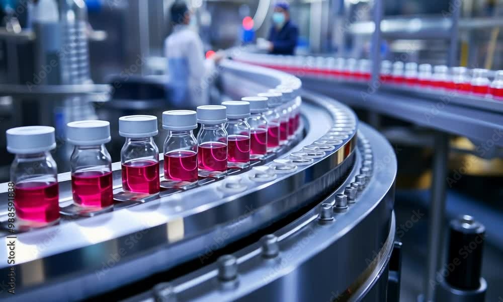 Close-up of medical vials in motion on a conveyor belt within a modern pharmaceutical production line, showcasing the efficient process of drug manufacturing and quality control.
Close-up of medical vials in motion on a conveyor belt within a modern pharmaceutical production line, showcasing the efficient process of drug manufacturing and quality control.