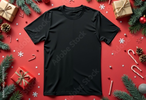 black t-shirt mockup on a red background
