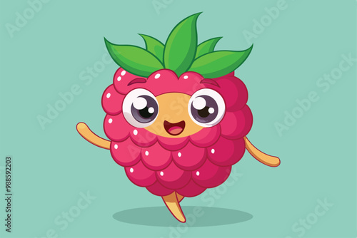 A cute raspberry character joyfully dances with an infectious smile, a cartoon character of a cute raspberry