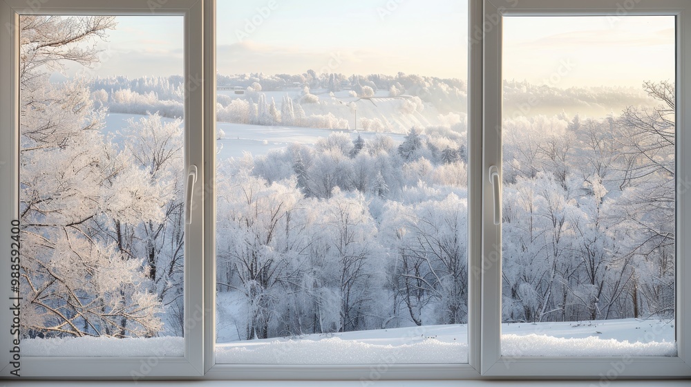 Frosty window view, snow-covered trees and hills outside, soft morning light, large window frame for text placement. Frosty window view, snow-covered trees and hills outside, soft morning light, large window frame for text placement.