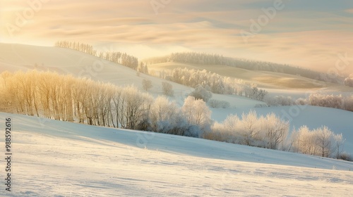 Wallpaper Mural Snow-covered countryside, with rolling hills and frosted trees, soft golden light at sunset, ample space in the foreground for text.  Torontodigital.ca